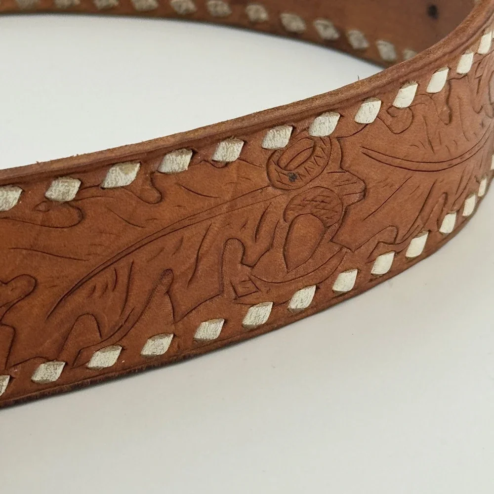 Custom Tooled Leather Belt David Personalized Buckstitch Western Tan Brown‎